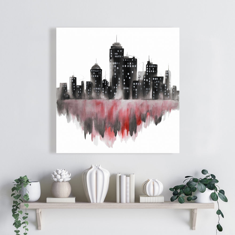 Red Watercolor Cityscape Canvas | Bedroom Wall Art Decor
