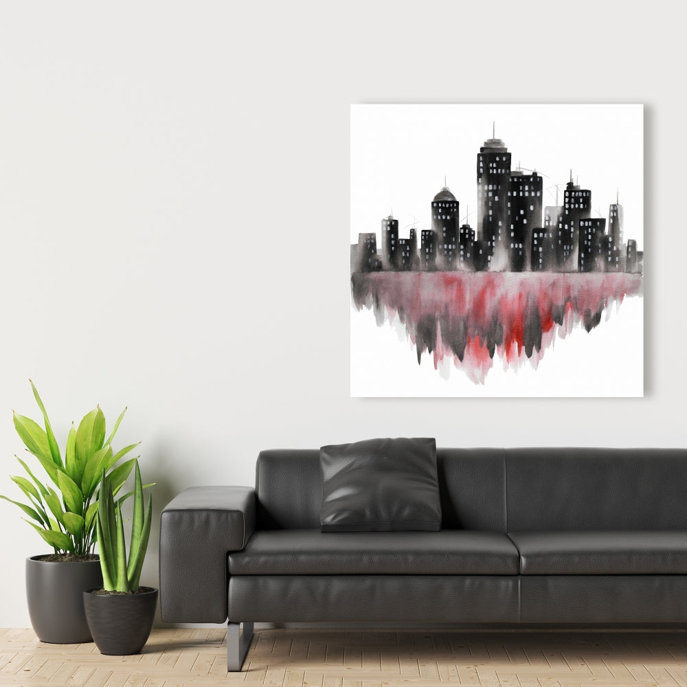 Red Watercolor Cityscape Canvas | Bedroom Wall Art Decor