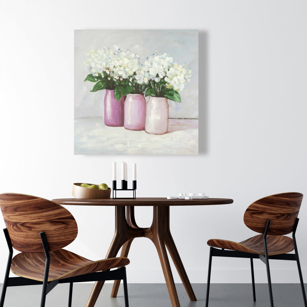 Hydrangea Flowers in Pink Vases Canvas - Floral Home Decor