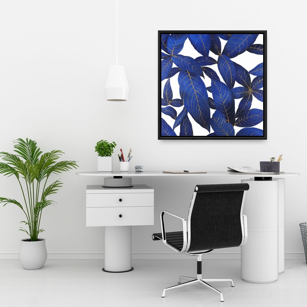 Abstract Modern Blue Leaves Canvas | Exotic Bedroom Decor
