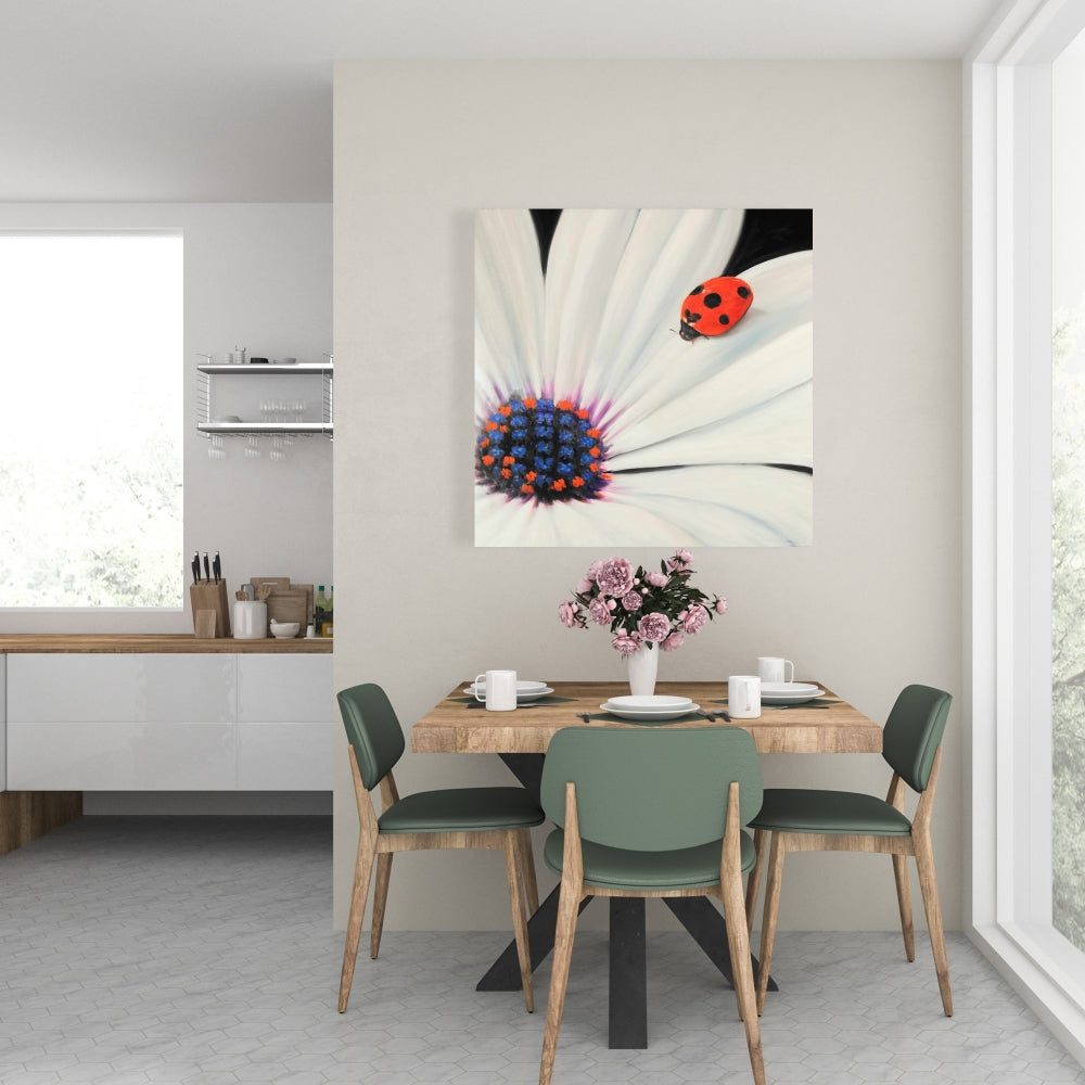 White Daisy and Ladybug | Botanical Blue Bedroom Canvas Decor