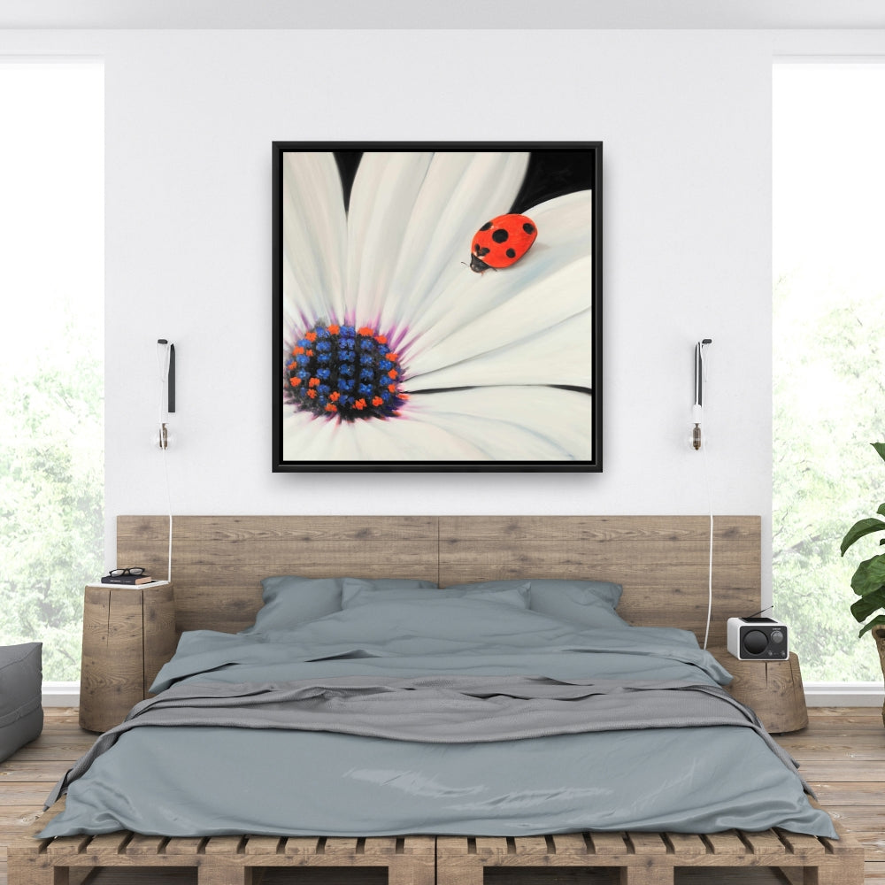 White Daisy and Ladybug Canvas - Romantic Botanical Decor