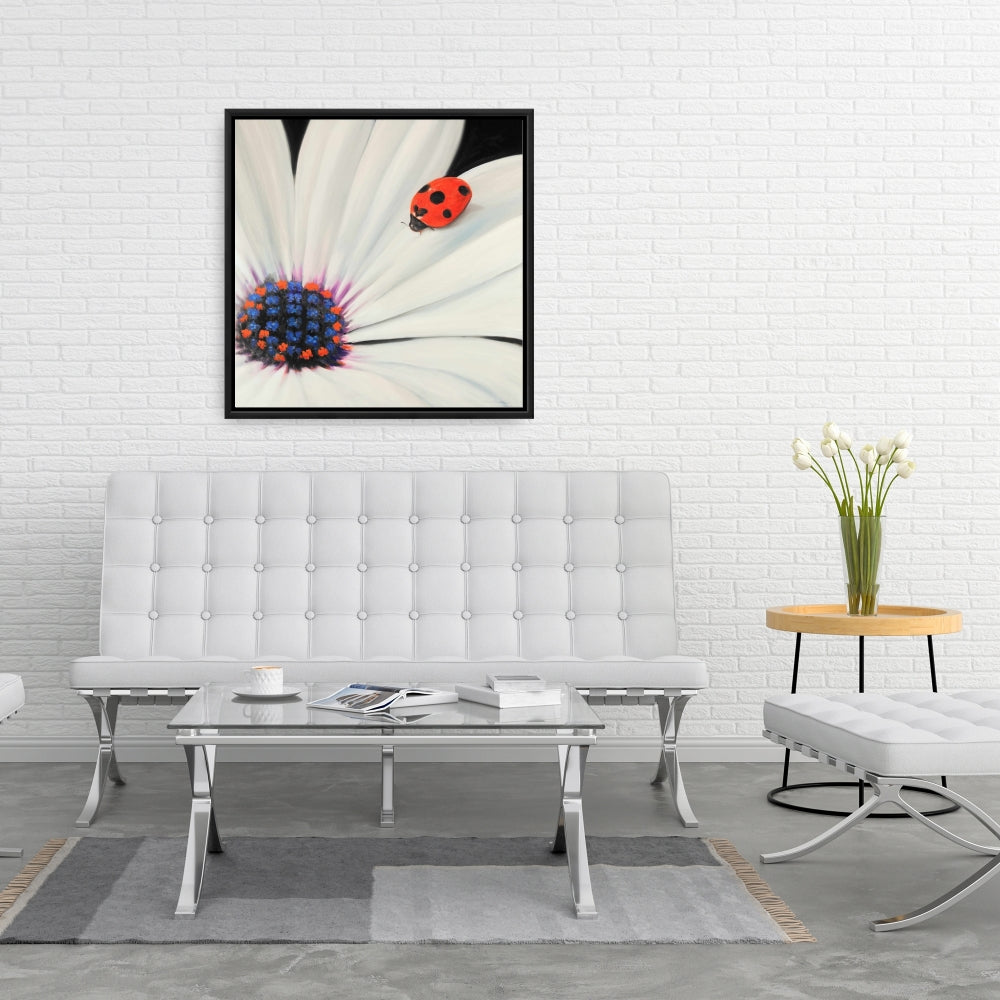 White Daisy and Ladybug Canvas - Romantic Botanical Decor