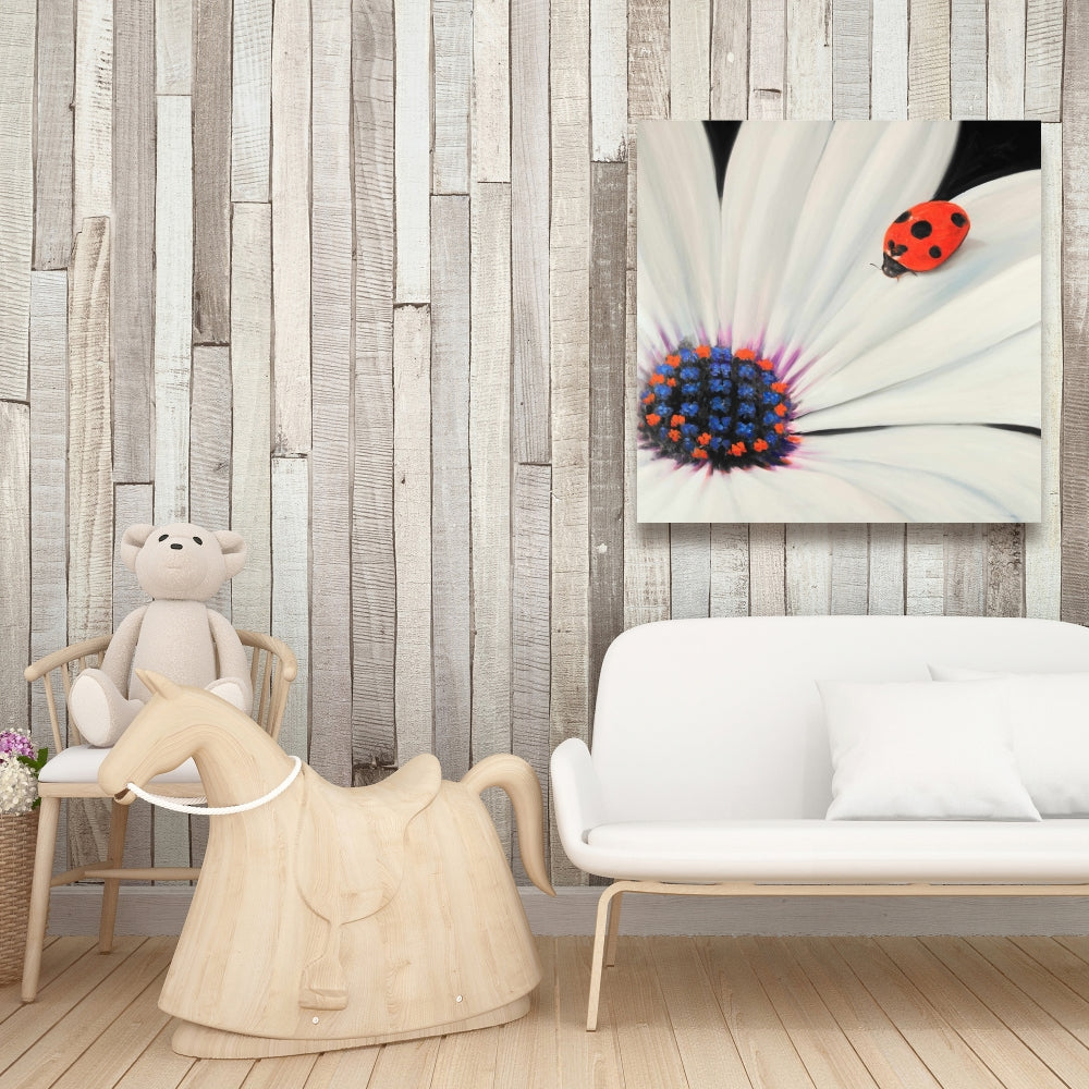 White Daisy and Ladybug | Botanical Blue Bedroom Canvas Decor
