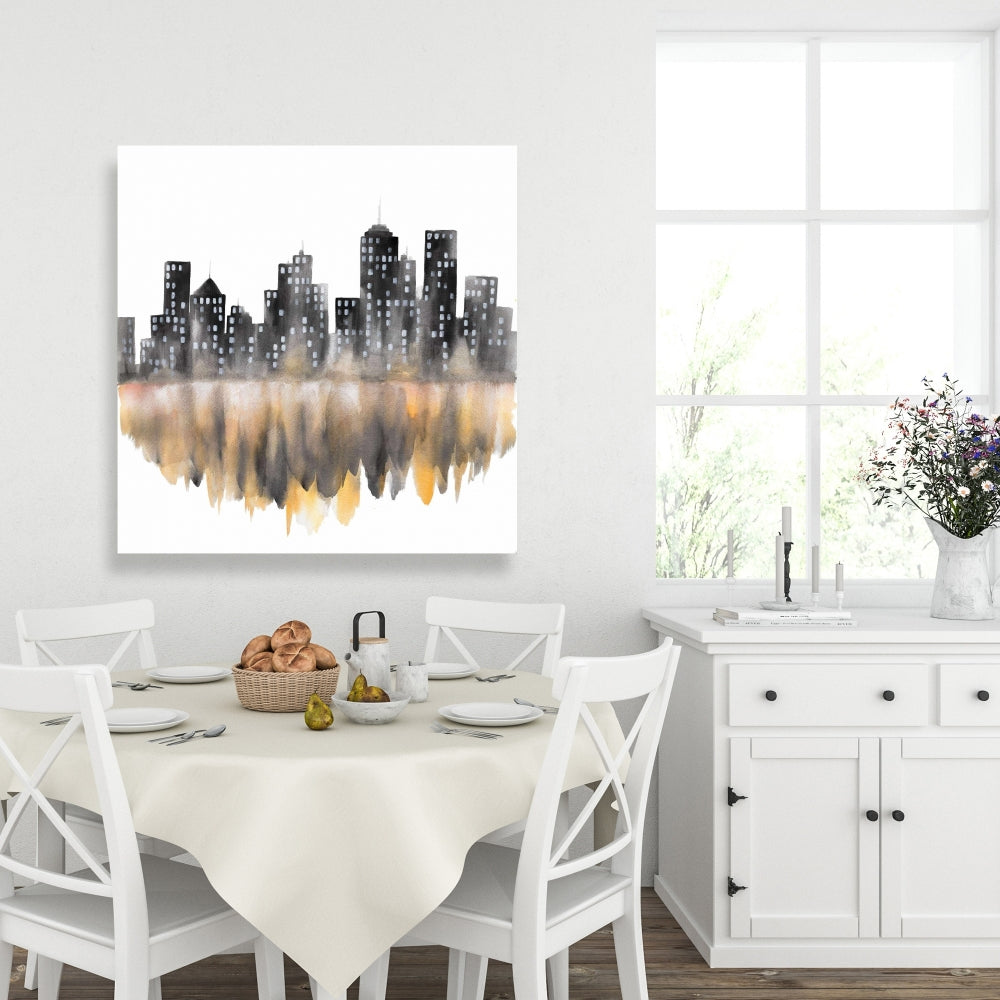 Toile aquarelle jaune représentant un paysage urbain - Décoration murale pour chambre à coucher