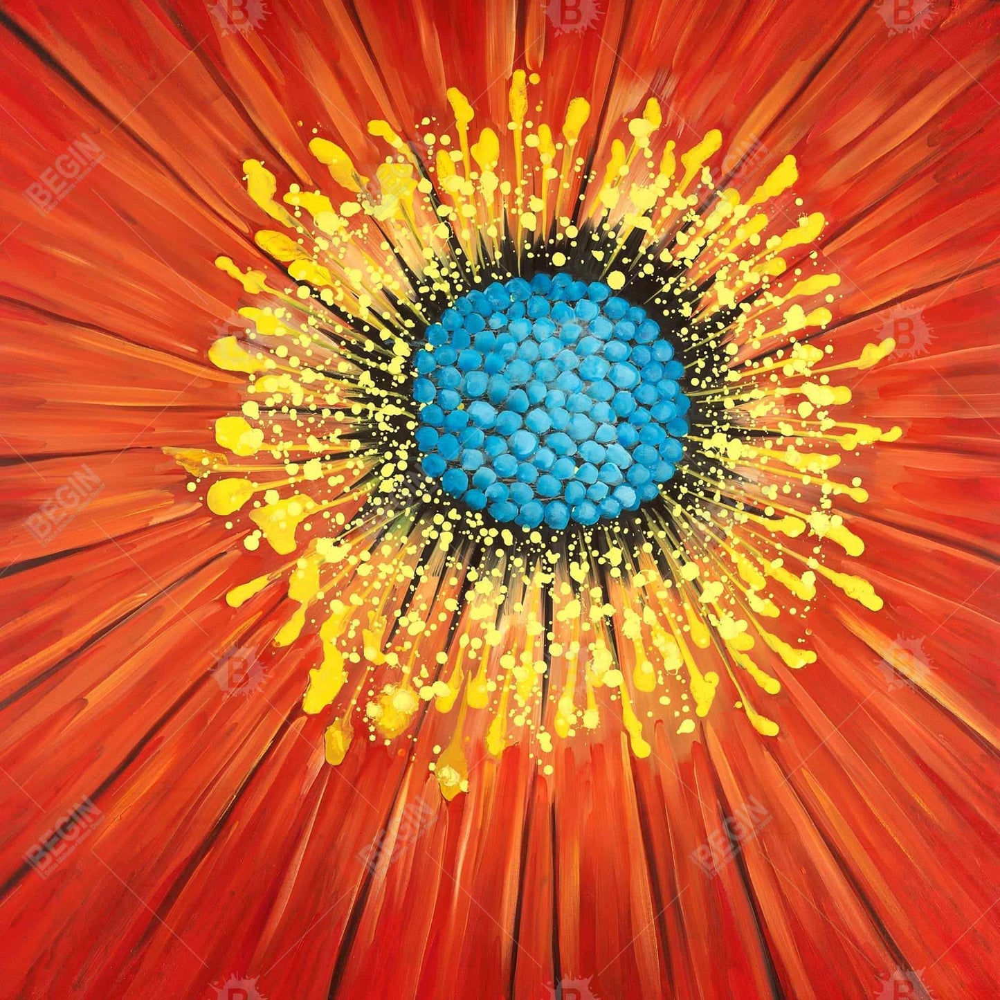 Blue Contemporary Botanical Canvas - Closeup on Red Flower Decor