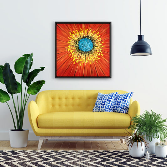 Blue Contemporary Botanical Canvas - Closeup on Red Flower Decor