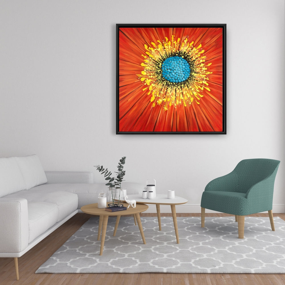 Blue Contemporary Botanical Canvas - Closeup on Red Flower Decor