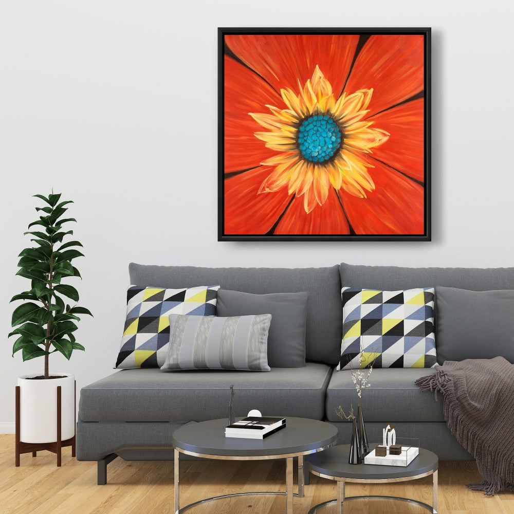 Flower Middle Blue Framed Canvas | Contemporary Bedroom Decor