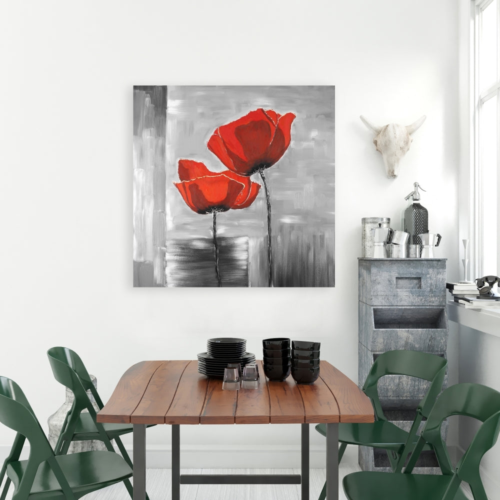 Gray Botanical Canvas | Two Red Flowers on Grayscale Background