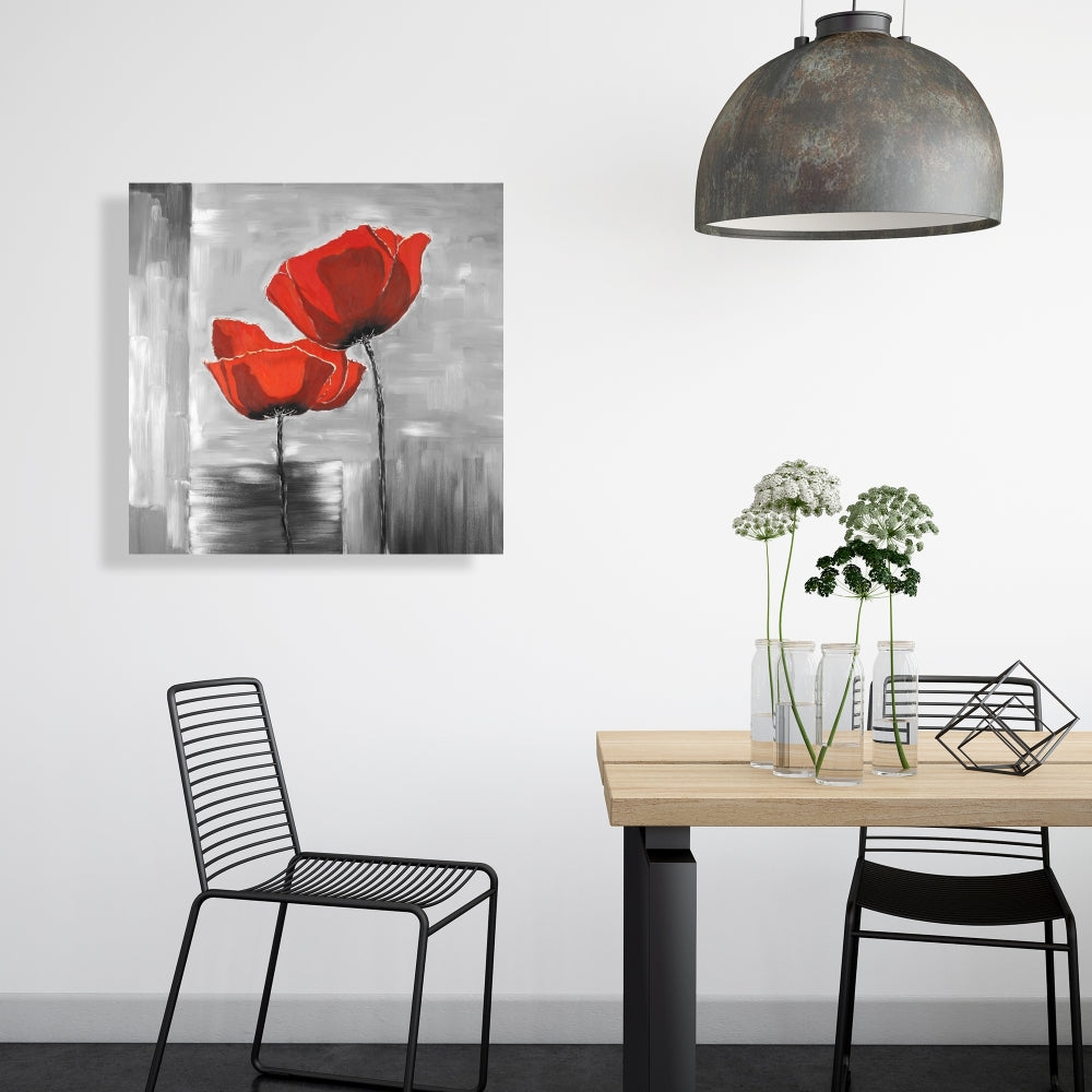 Gray Botanical Canvas | Two Red Flowers on Grayscale Background