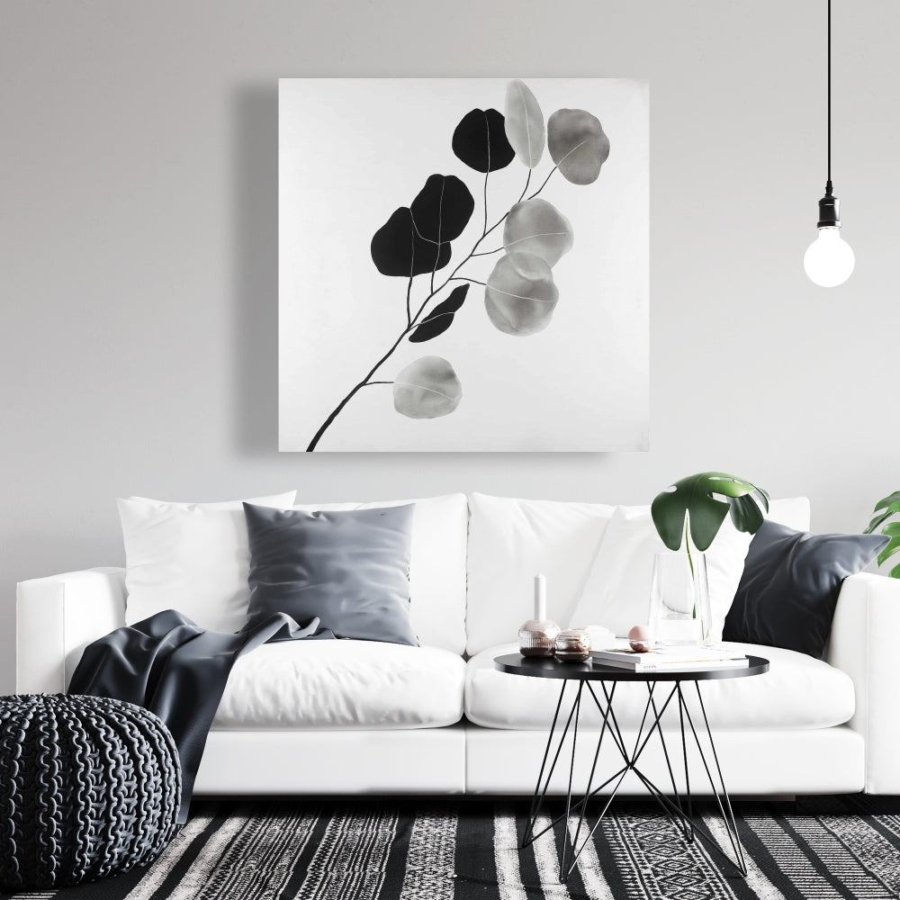 Toile à motifs de branches et de feuilles en nuances de gris | Décoration botanique minimaliste