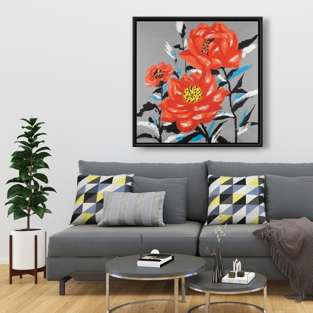 Gray Floral Canvas | Three Pink Flowers, Framed Wall Art