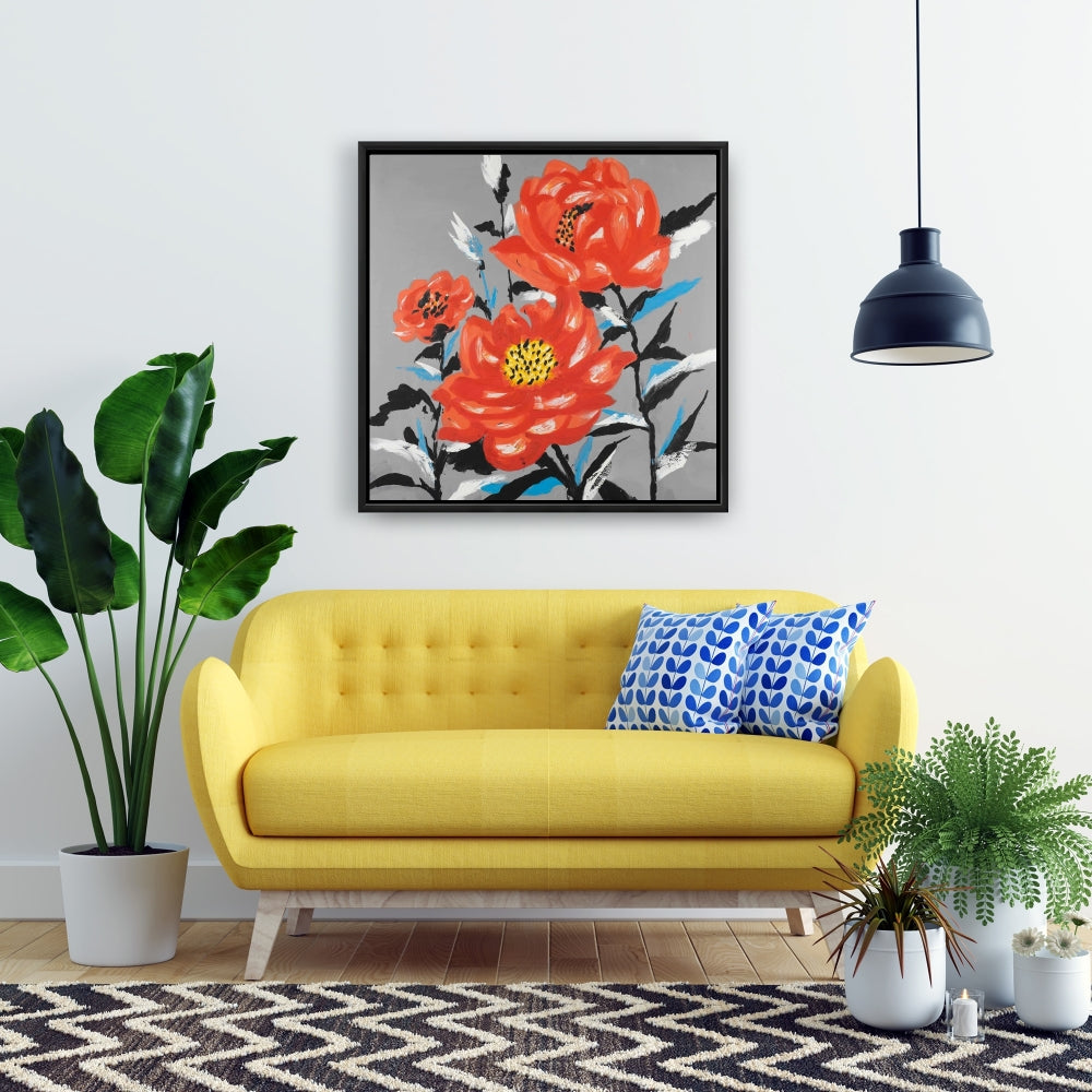 Gray Floral Canvas | Three Pink Flowers, Framed Wall Art