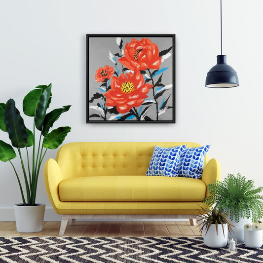 Toile florale grise | Trois fleurs roses, décoration murale encadrée