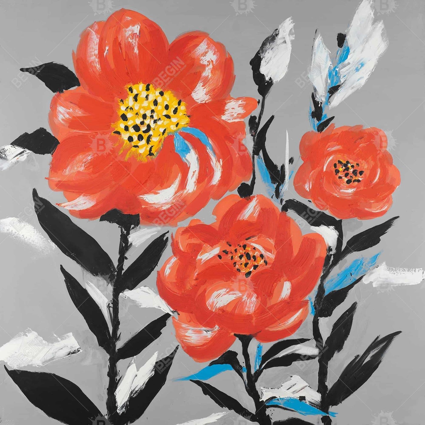 Pink Flowers, Blue Leaves Gray Botanical Canvas - Home Decor
