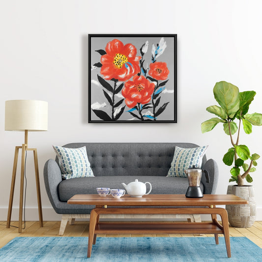 Toile botanique grise à fleurs roses et feuilles bleues - Décoration d'intérieur