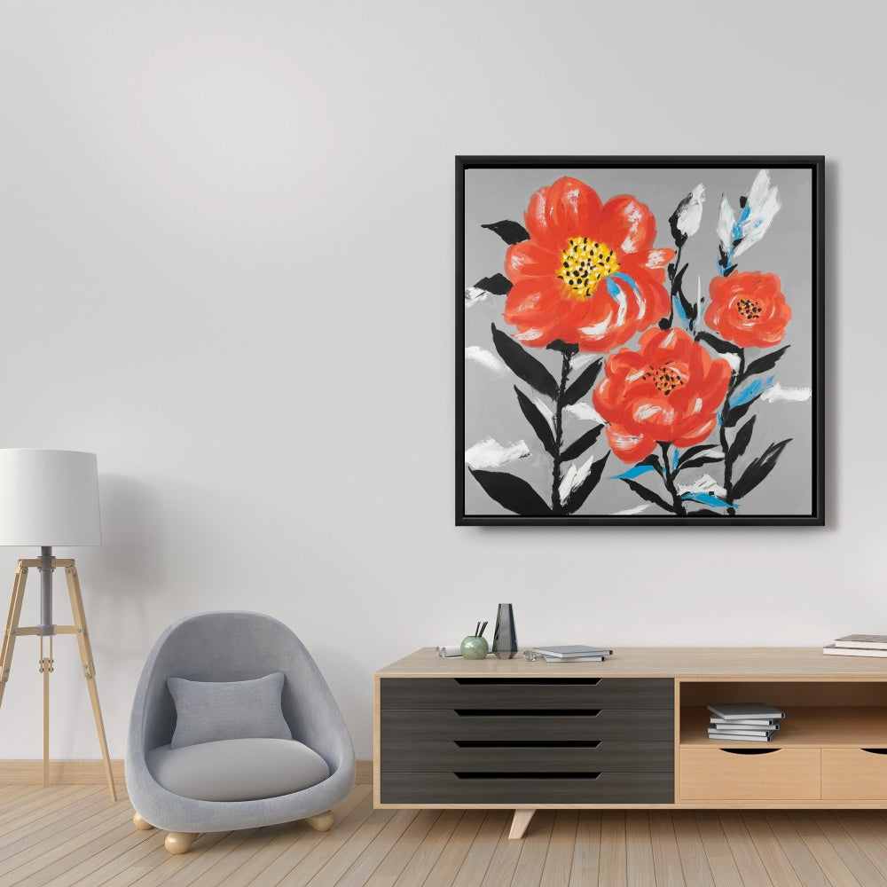 Pink Flowers, Blue Leaves Gray Botanical Canvas - Home Decor