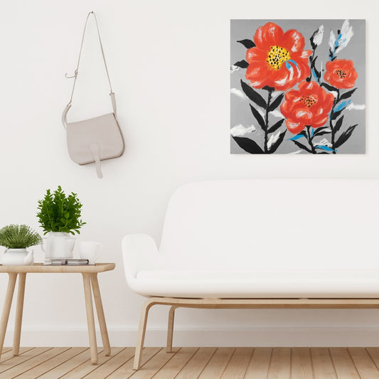 Toile botanique grise - Décor de fleurs roses et de feuilles bleues