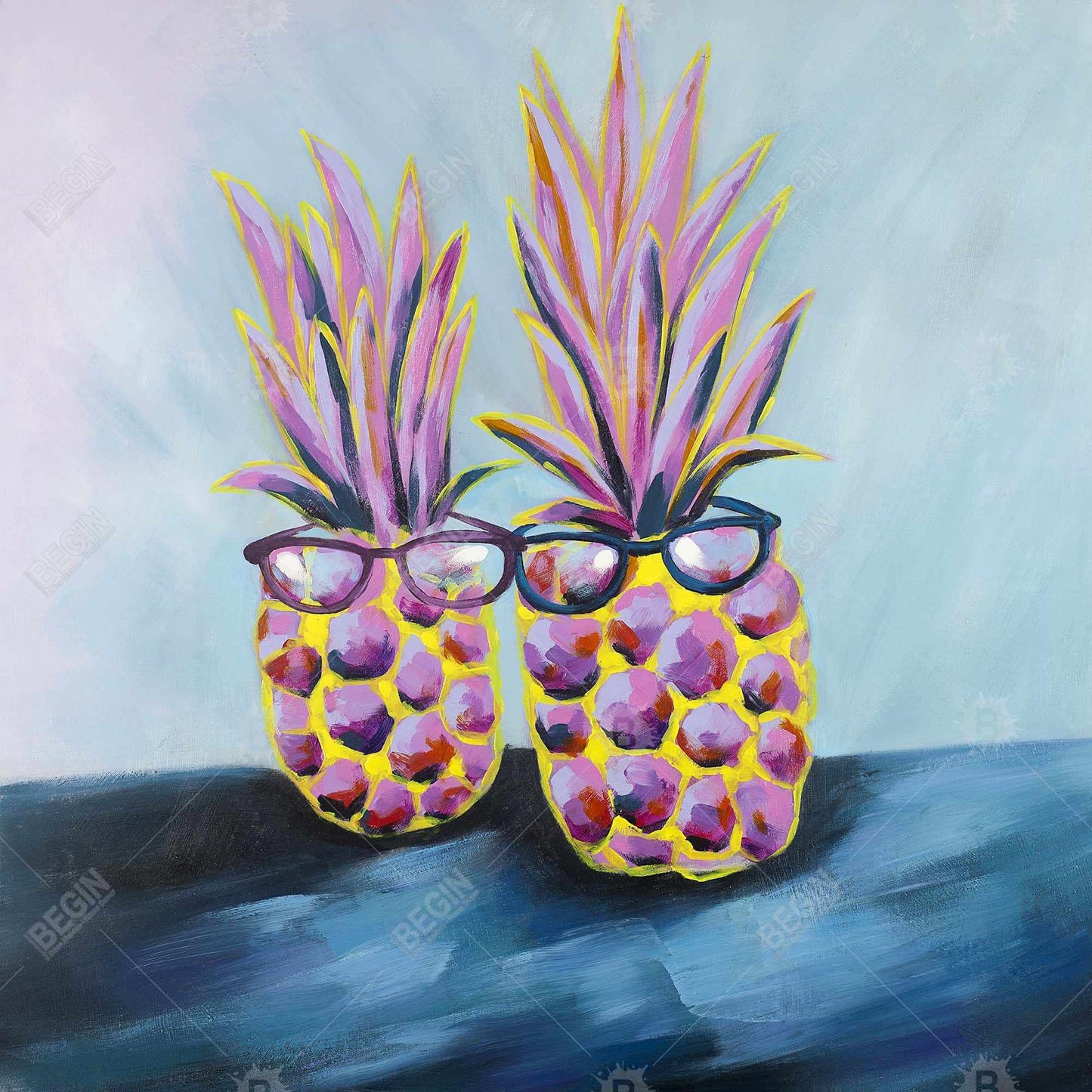Botanical Blue Framed Canvas - Pineapples with Sunglasses Decor
