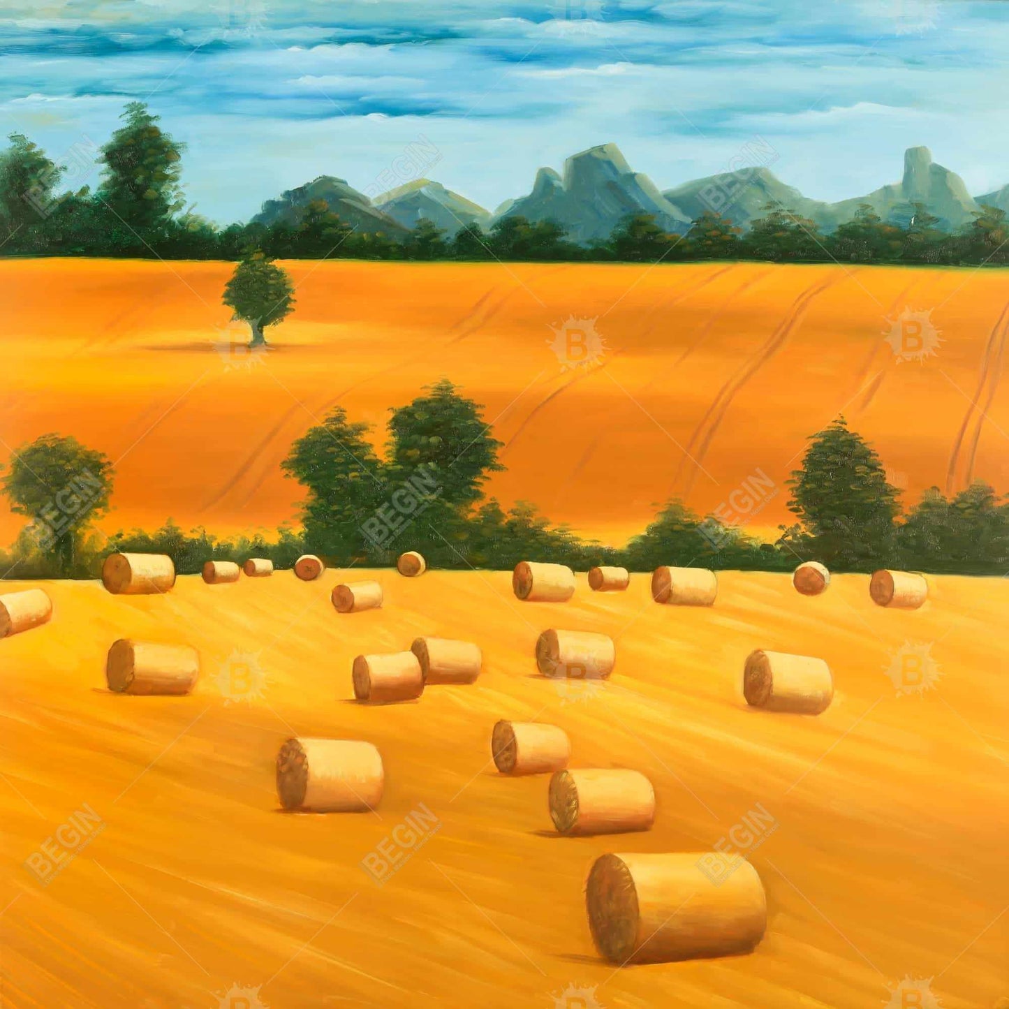 Rustic Hay Bale Fields Framed Canvas | Bedroom Home Decor