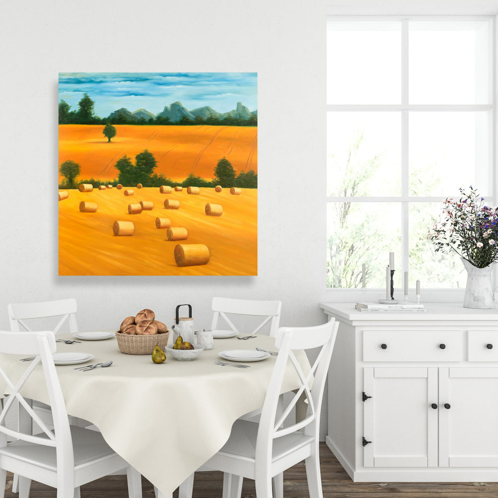 Hay Bale Fields Blue Canvas | Landscape Tree Home Decor