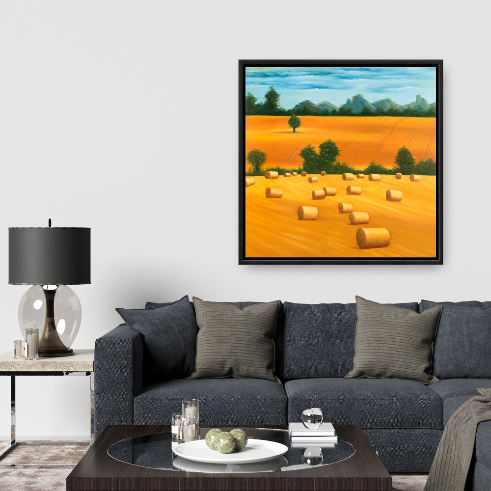 Rustic Hay Bale Fields Framed Canvas | Bedroom Home Decor
