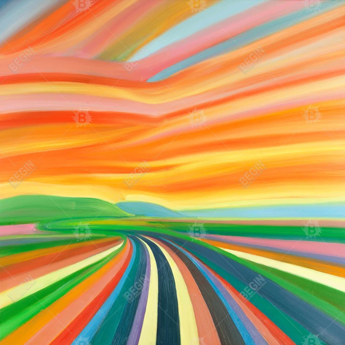 Colorful Road Landscape Canvas | Mountains Blue Framed Art