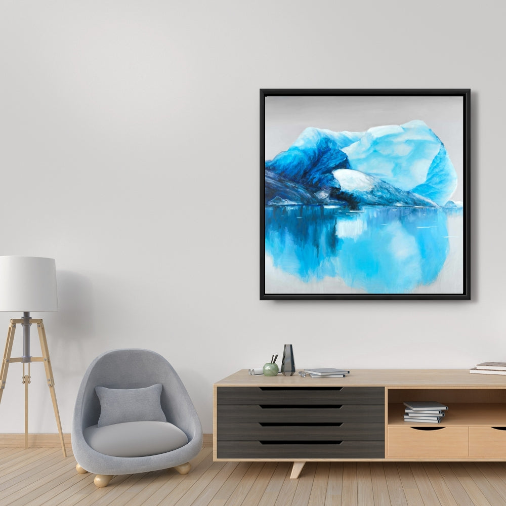 Scenic Coastal Blue Framed Canvas | Iceland Icebergs Decor