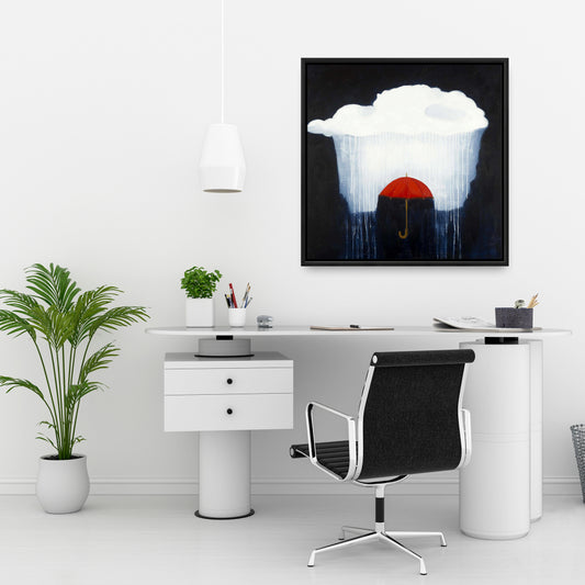 Toile « Parapluie sous la pluie » | Décoration d'intérieur avec cadre bleu