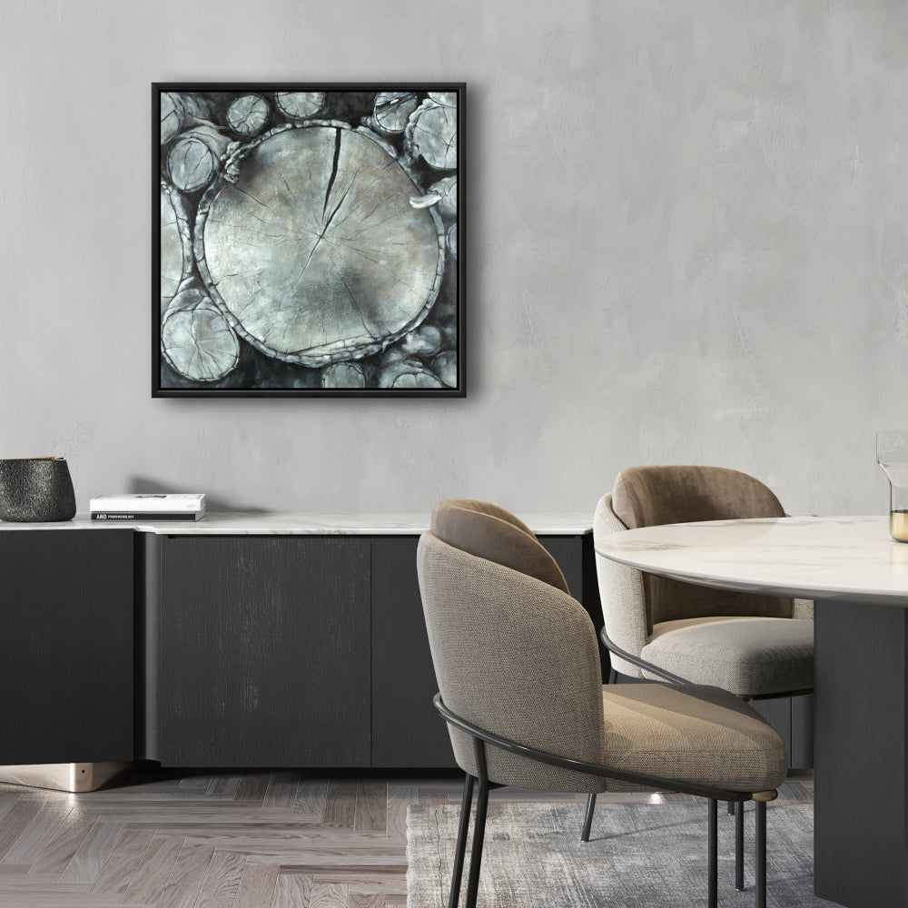 Stacked Wood Logs Canvas | White Framed Monochrome Decor