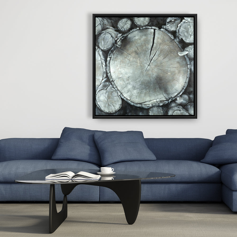 Stacked Wood Logs Canvas | White Framed Monochrome Decor