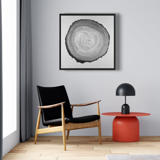 Toile Arbres monochromes gris - Décor rond en bois en niveaux de gris