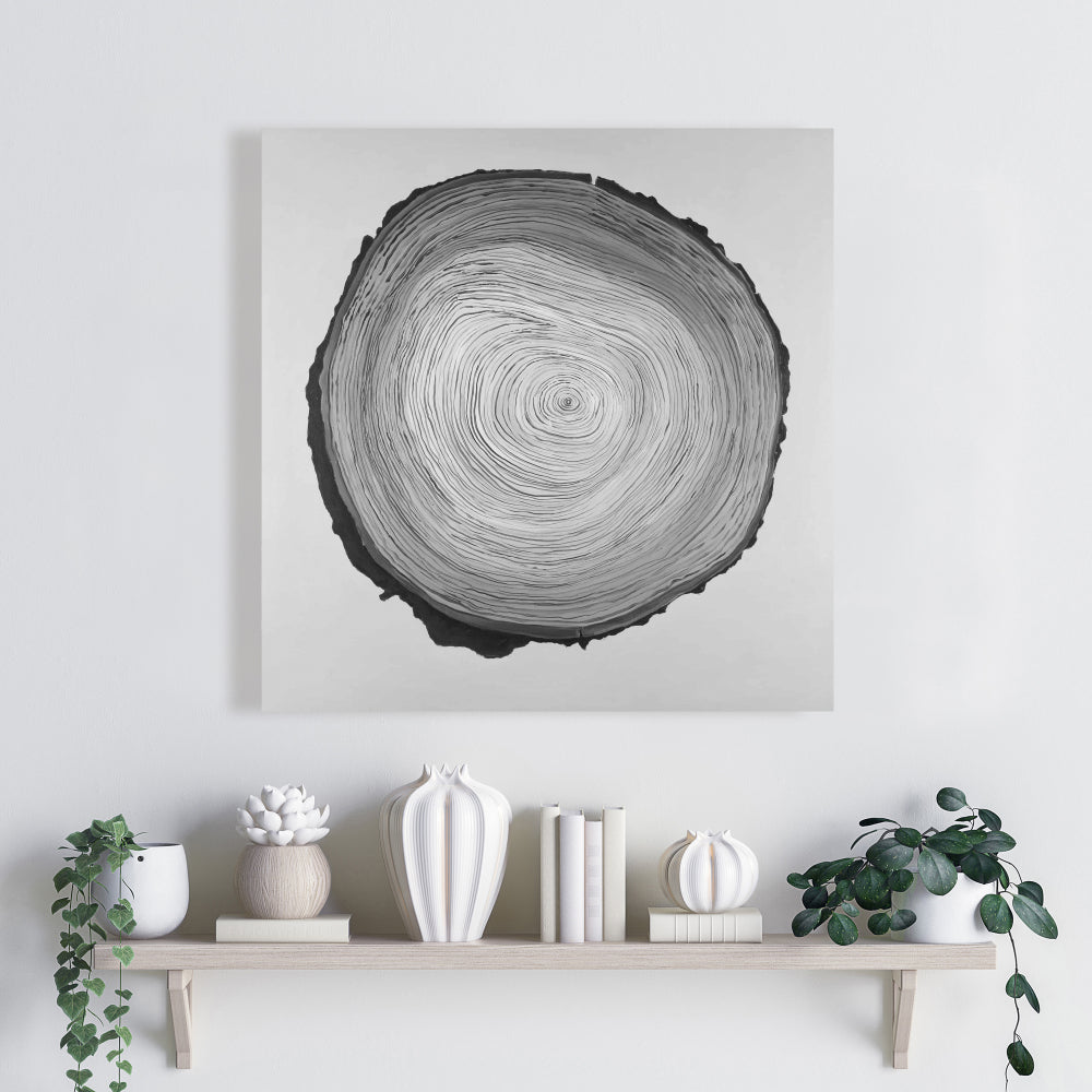Grayscale Round Wood Log Gray Canvas - Monochrome Bedroom Decor