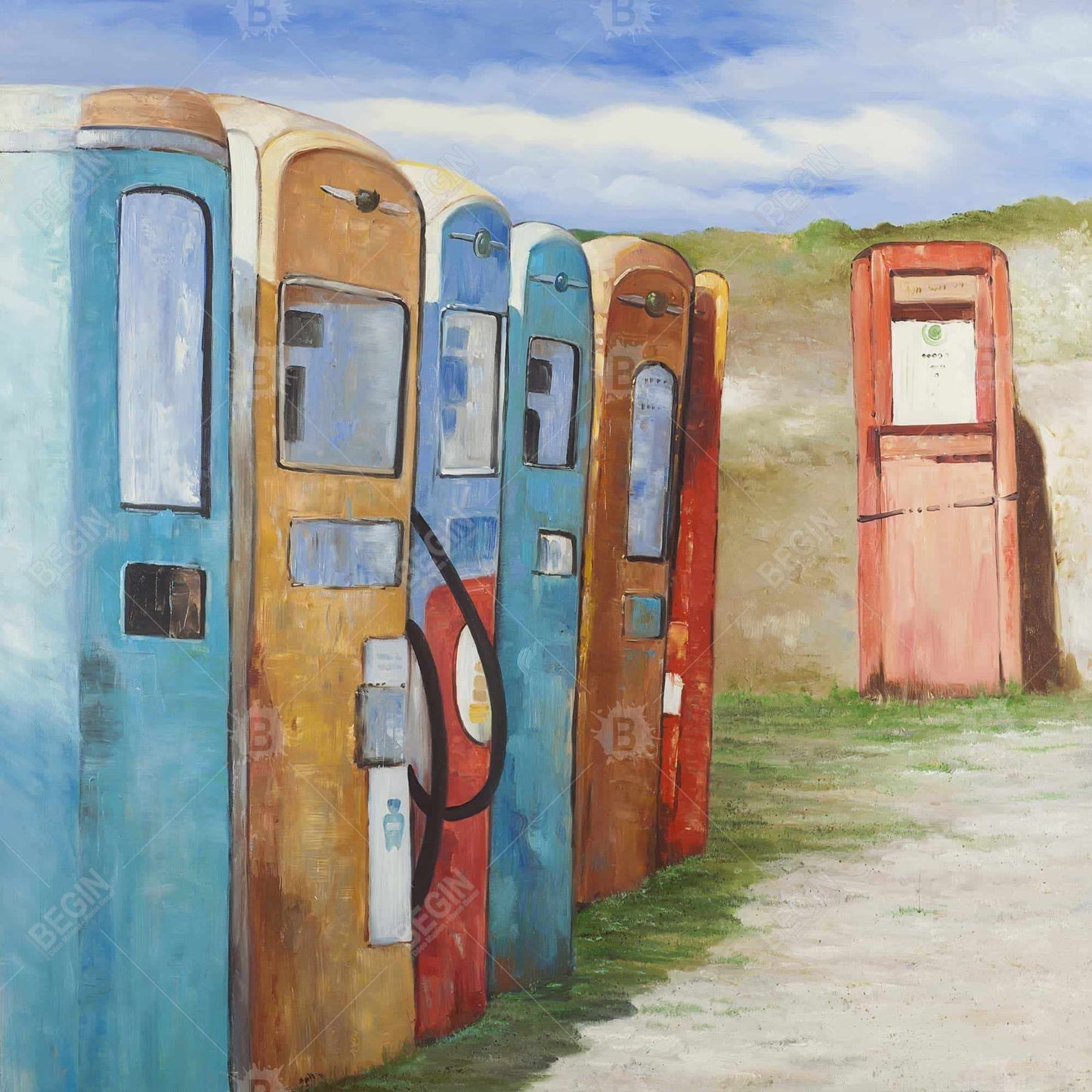 Old Gas Pumps Blue Canvas | Contemporary Living Room Decor
