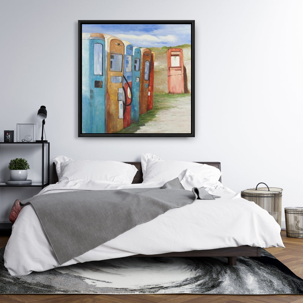 Old Gas Pumps Blue Canvas | Contemporary Living Room Decor