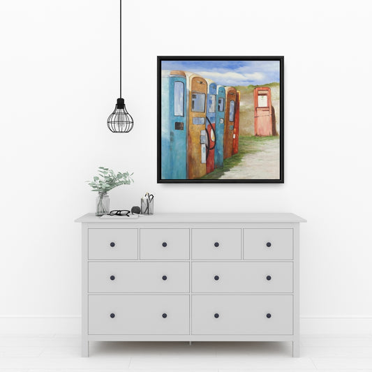 Old Gas Pumps Blue Canvas | Contemporary Living Room Decor