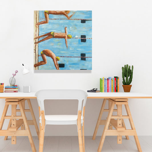 Toile bleue « Nageurs » : art figuratif pour la décoration intérieure