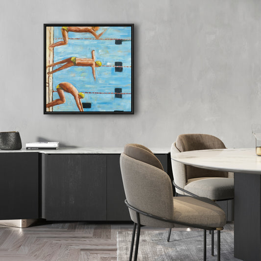 Toile encadrée bleue « Nageurs » – Décoration d'intérieur pour homme des cavernes