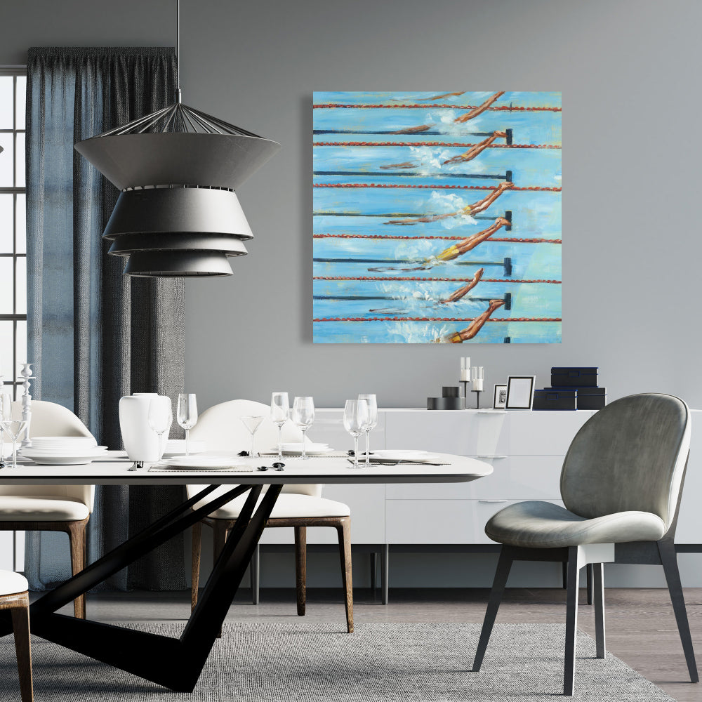 Olympic Swimmers Blue Canvas - Modern Man Cave Wall Art