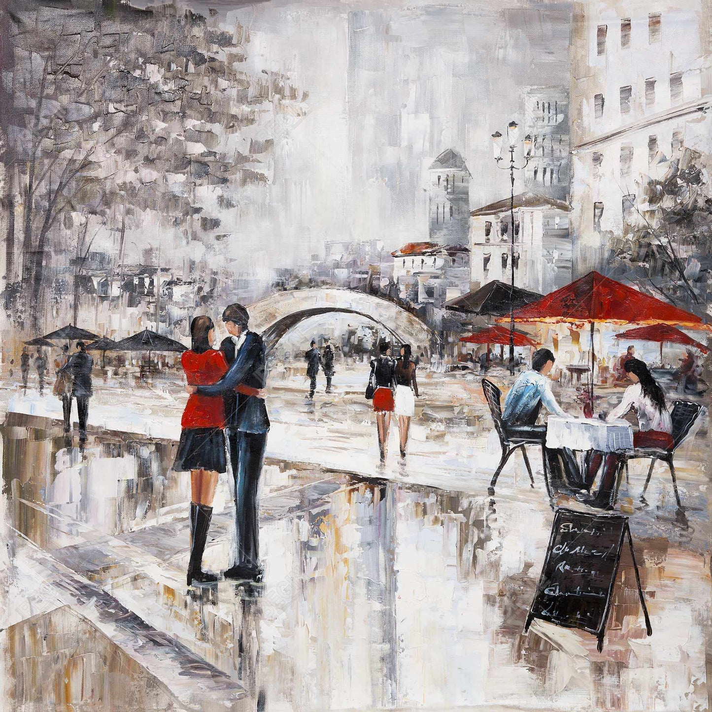 Young Couple Hugging Street - Cities Gray Framed Canvas Decor