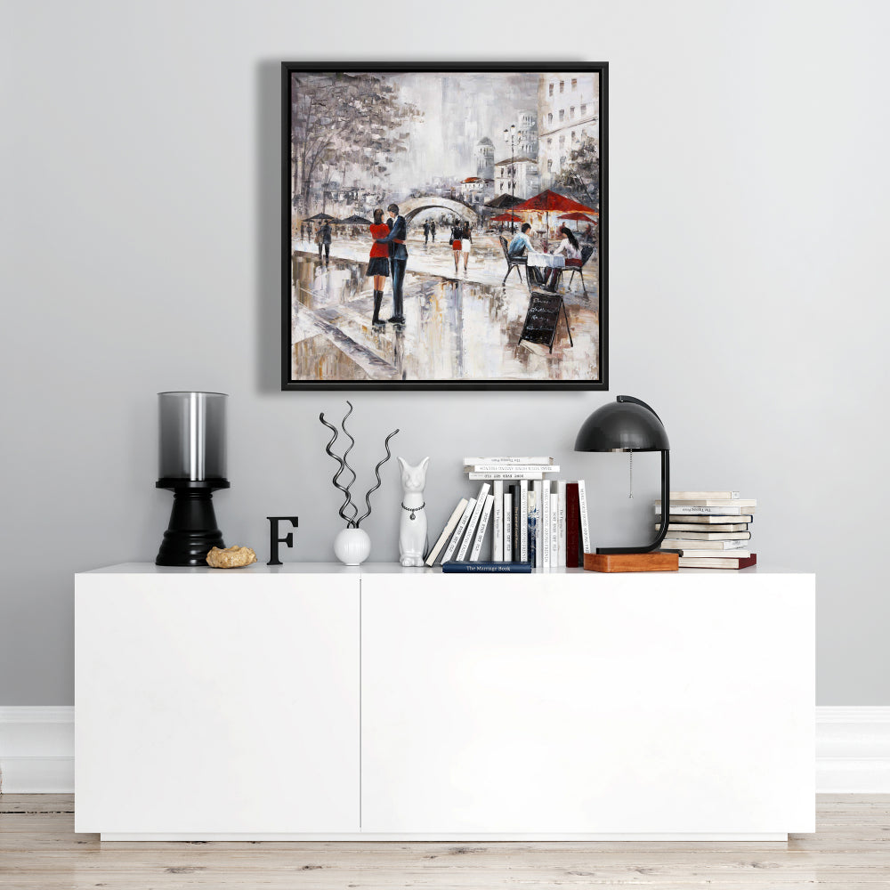 Young Couple Hugging Street - Cities Gray Framed Canvas Decor