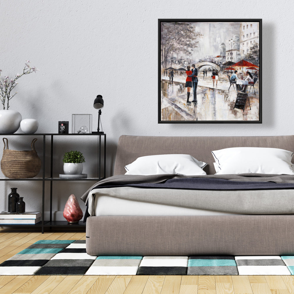 Young Couple Hugging Street - Cities Gray Framed Canvas Decor
