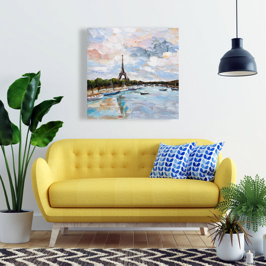 Toile bleue contemporaine côtière - Bateaux sur la Seine à Paris