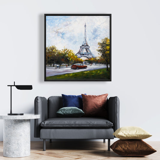 Conduire près de la Tour Eiffel sur toile bleue - Art mural contemporain