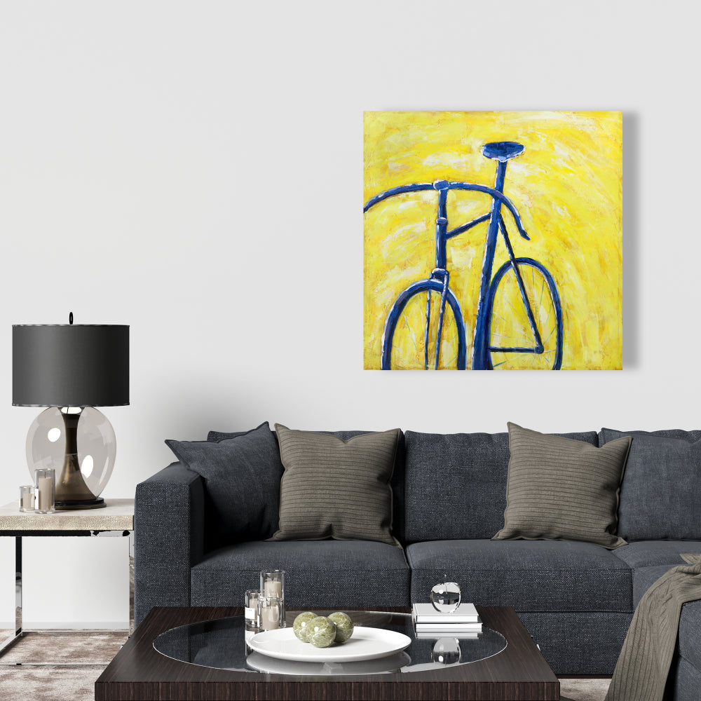 Blue Bike on Yellow Canvas | Bedroom Sports Decor - 24x36