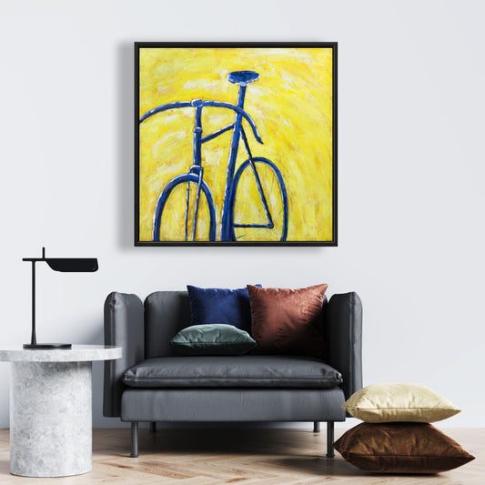 Vélo bleu sur toile jaune | Décoration murale contemporaine pour chambre à coucher