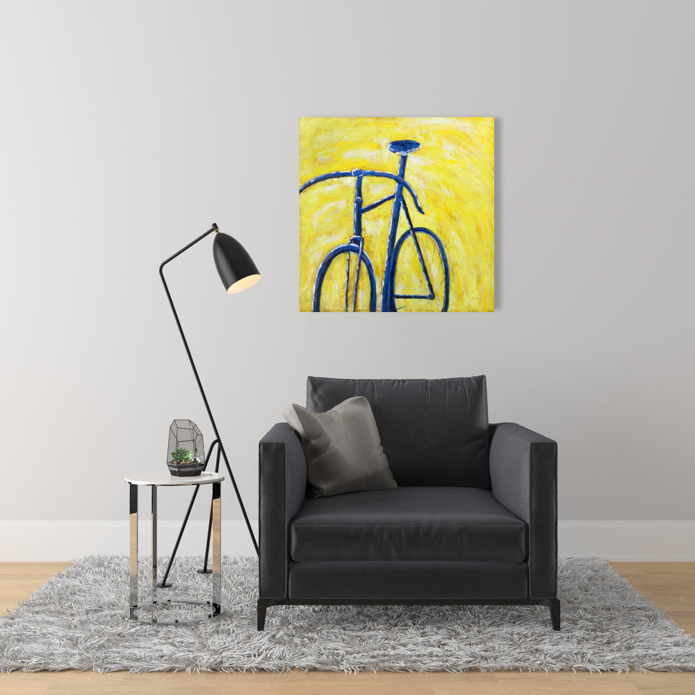 Blue Bike on Yellow Canvas | Bedroom Sports Decor - 24x36