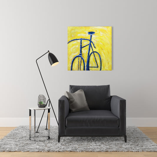 Vélo bleu sur toile jaune | Décoration sportive pour chambre à coucher - 24 x 36