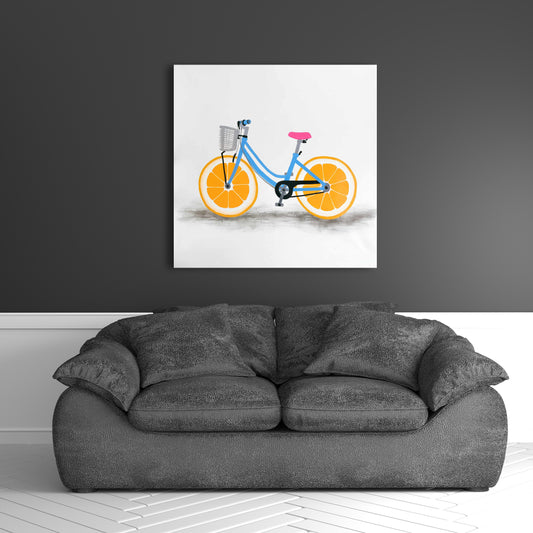 Toile Gastronomie Bleue | Décoration de chambre à coucher avec un vélo à roues orange